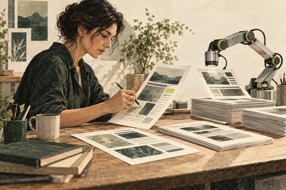 Editorial illustration of a person defining an assistant’s scope, reviewing material and retaining judgment