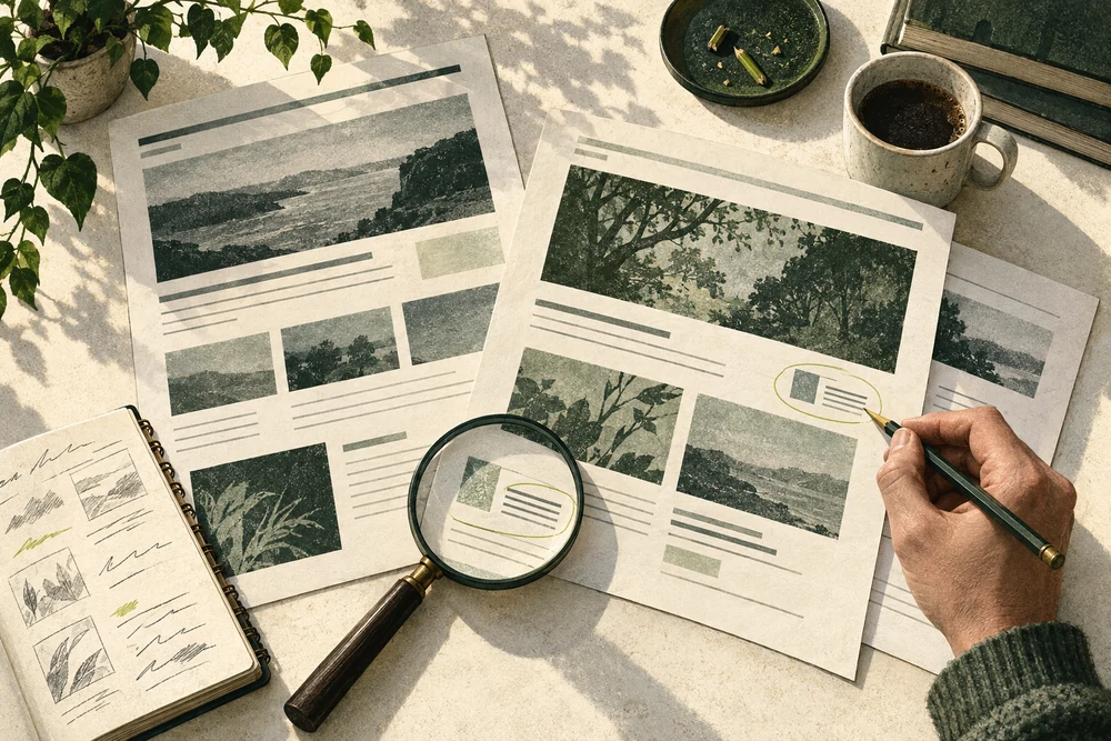 Editorial illustration of comparing page versions, circling a change and recording observations