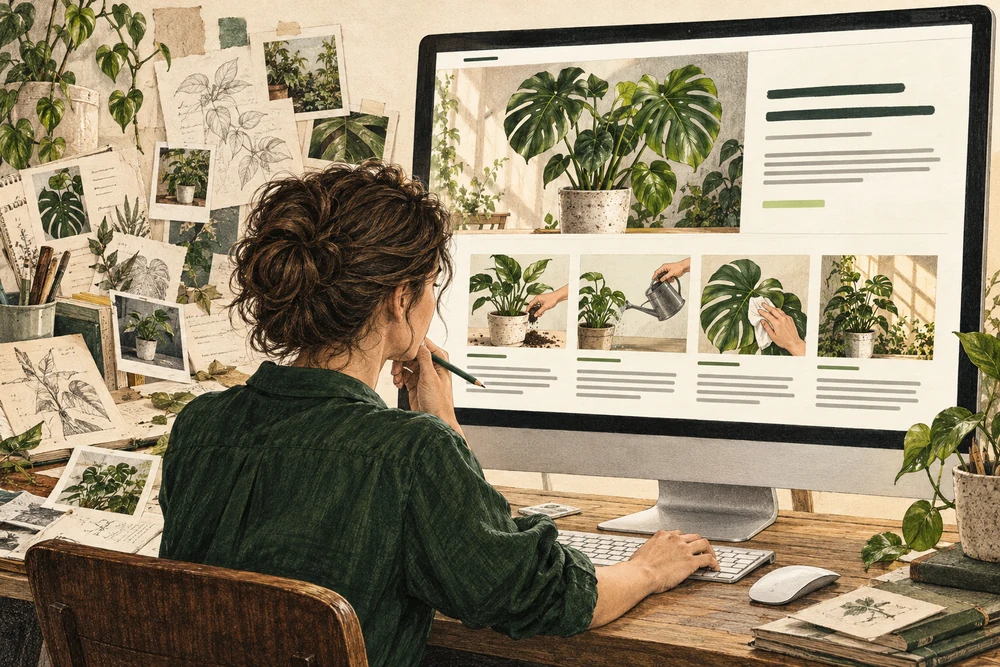 Editorial illustration of developing sketches and a page structure into a useful page