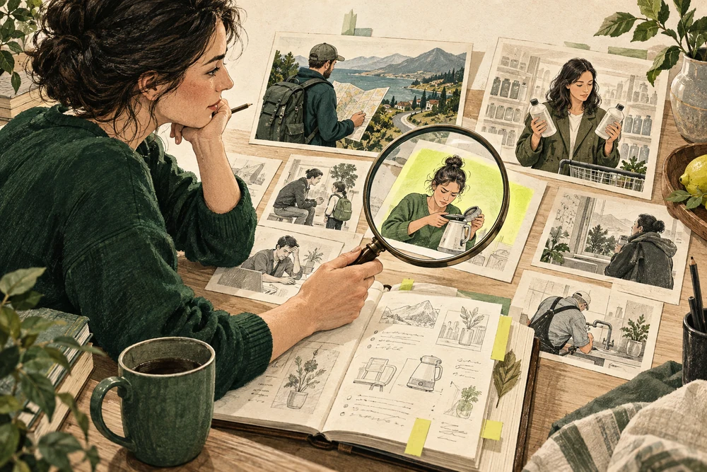 Editorial illustration of observing everyday problems and collecting clues about a need